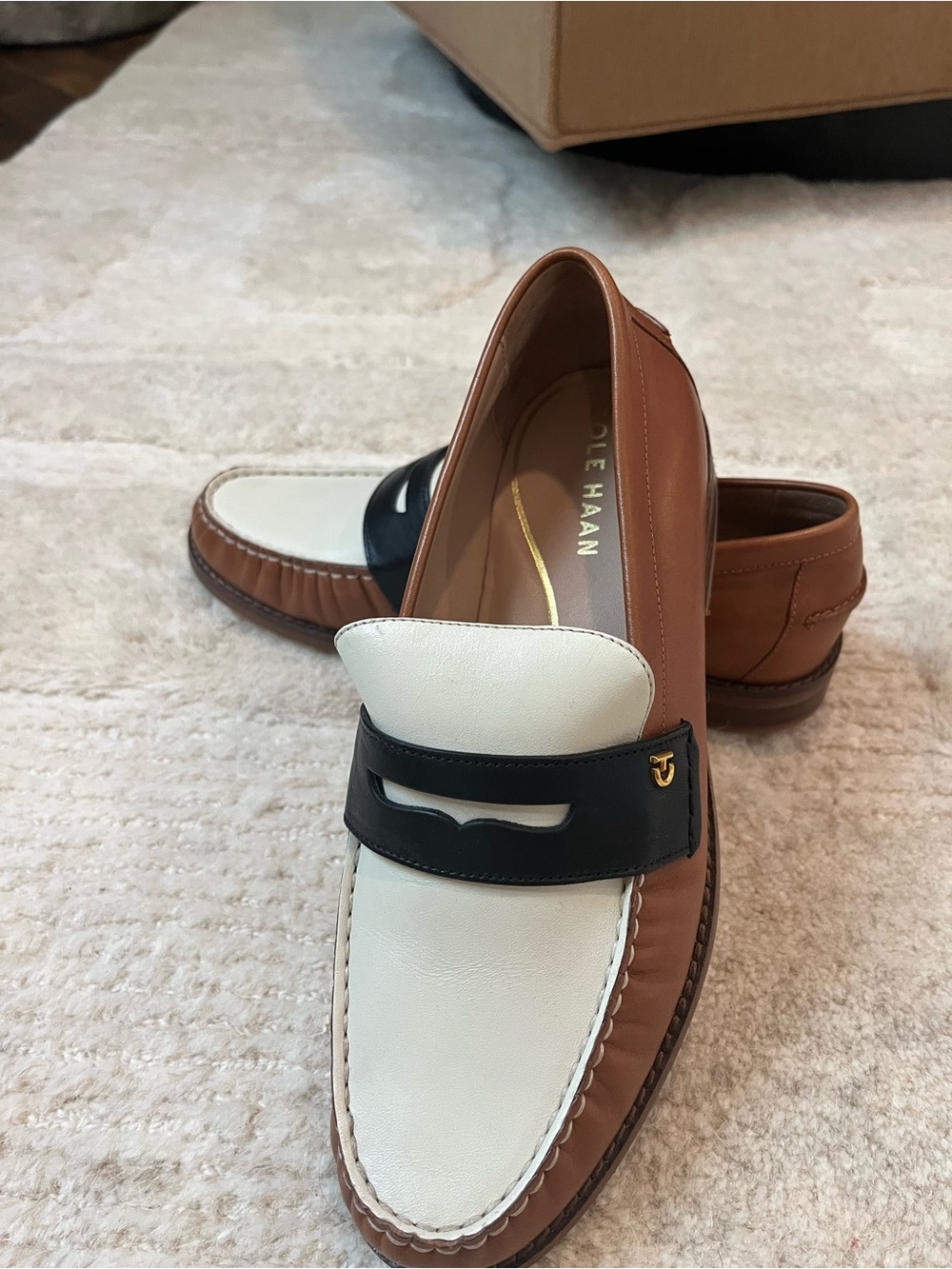 Cole Haan Tan, White & Black Leather Penny Loafers